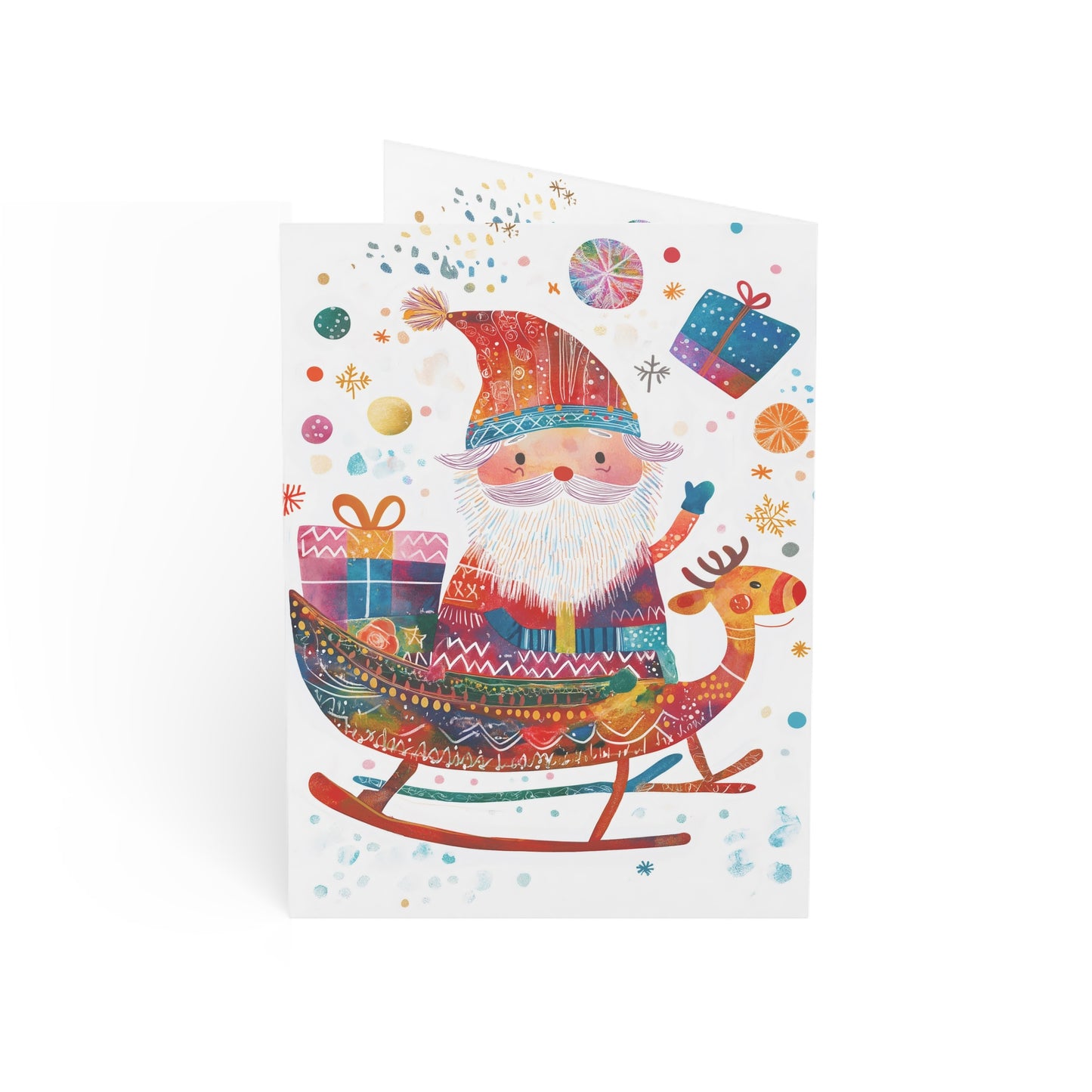 Whimsical Santa Sleigh Christmas Cards – Vertical, Merry Wishes Inside