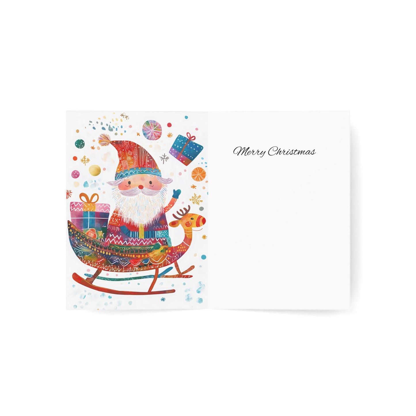 Whimsical Santa Sleigh Christmas Cards – Vertical, Merry Wishes Inside