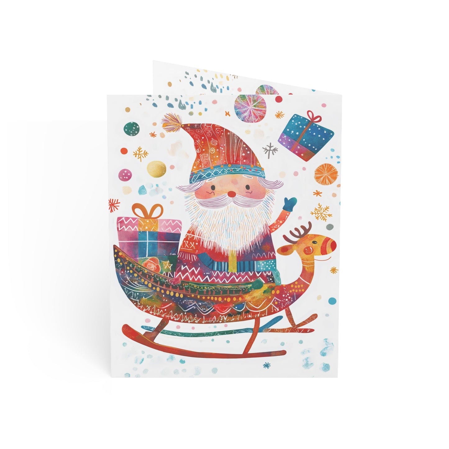 Whimsical Santa Sleigh Christmas Cards – Vertical, Merry Wishes Inside