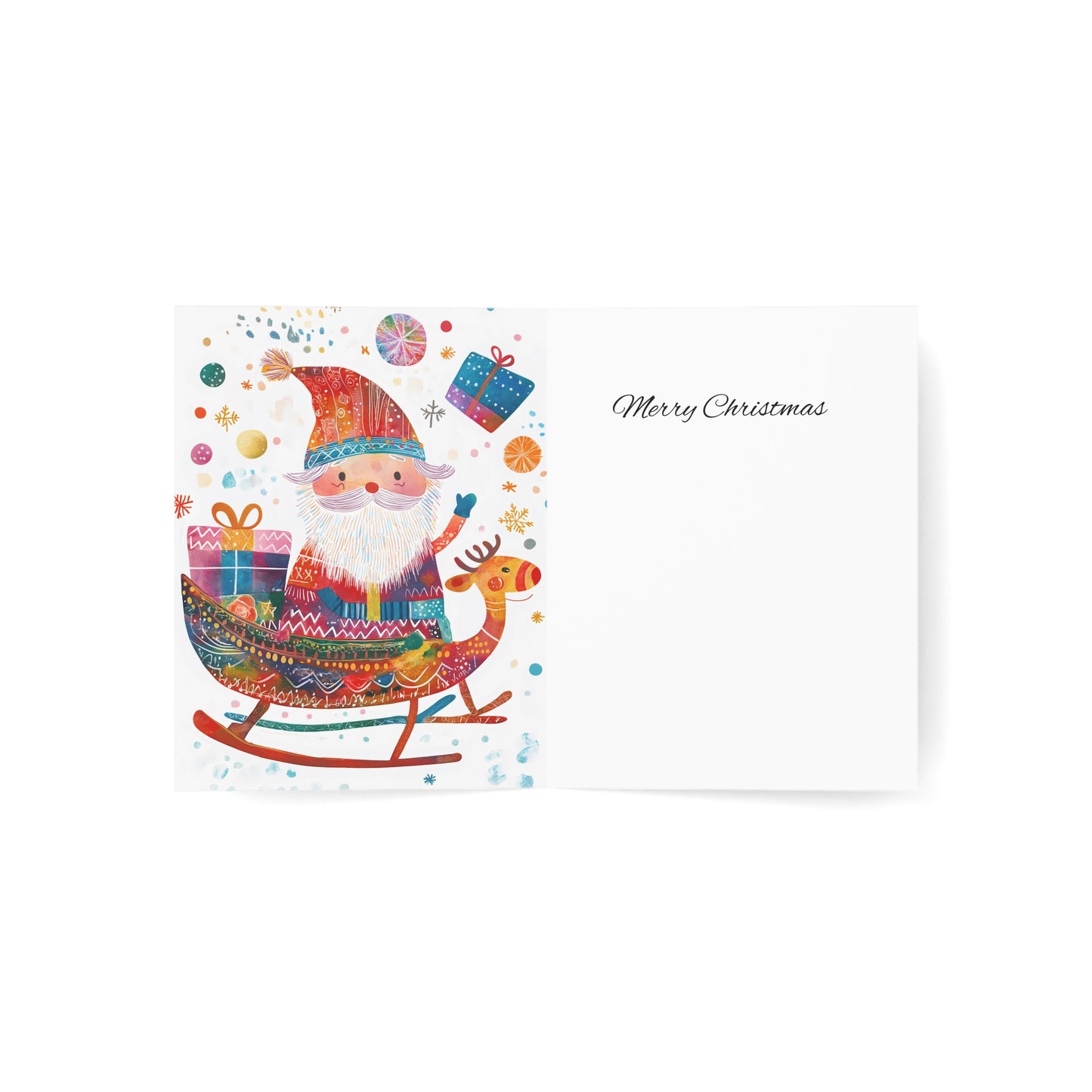 Whimsical Santa Sleigh Christmas Cards – Vertical, Merry Wishes Inside